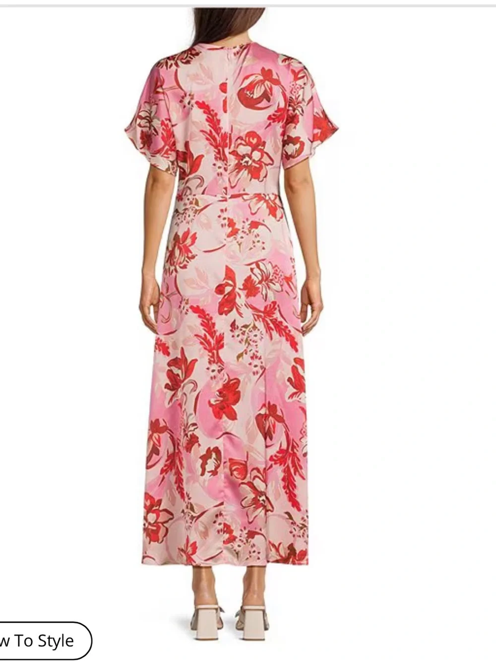 NWT Antonio Melani Gabriella Satin Floral Print Ruched Crew Neck  A-Line Dress